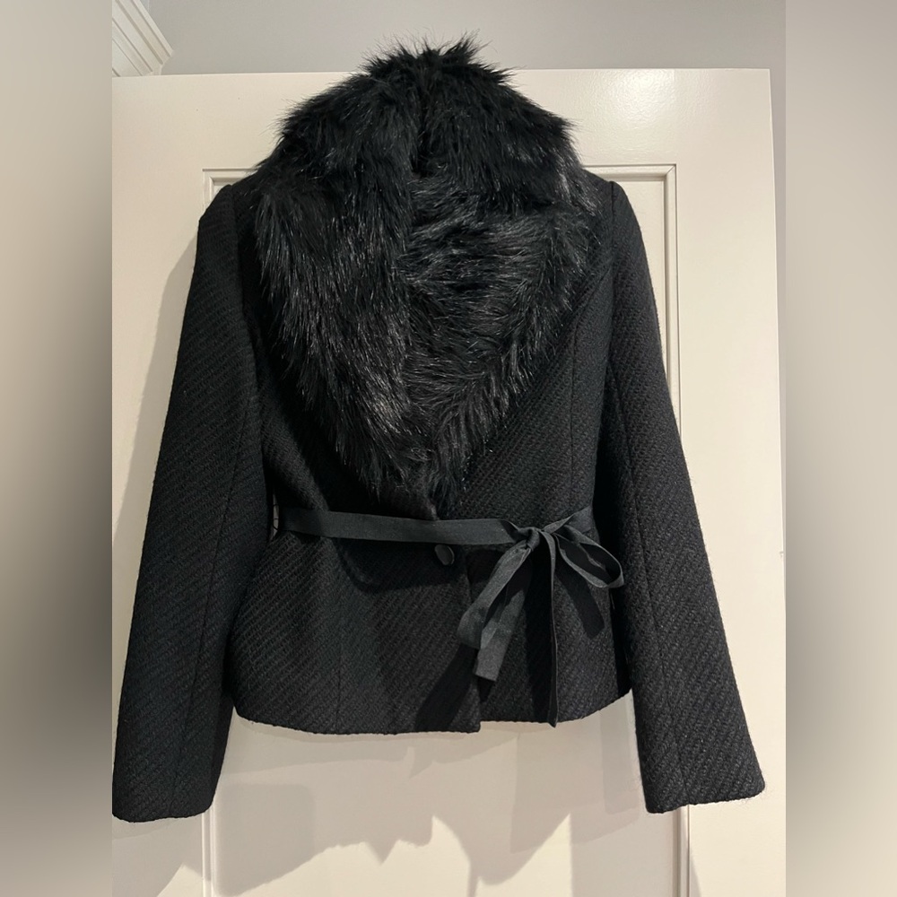 Black Jacket with Faux Fur Removable Collar, Wool blend, Size 8